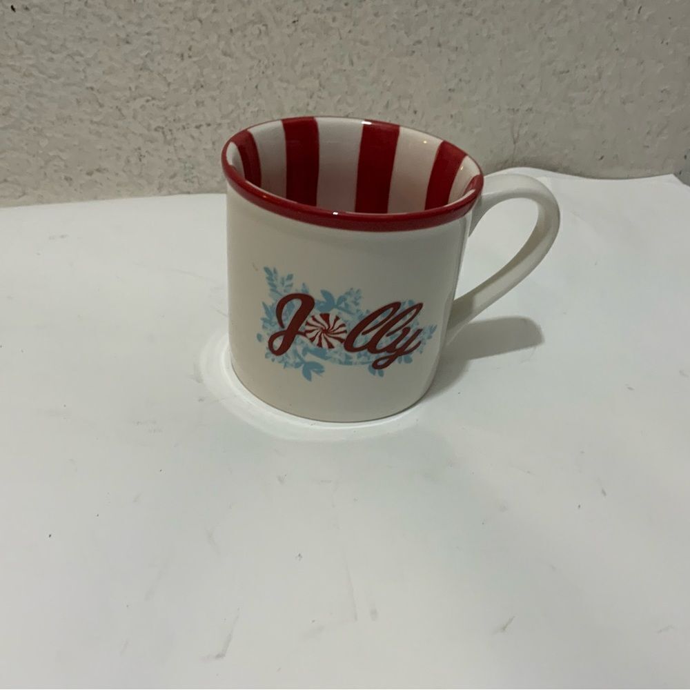 Starbucks Holiday 2007 Mug 14 Oz. White w red stripes inside  JOLLY